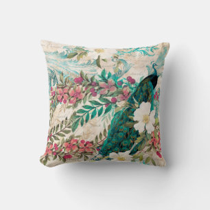 Coussin Tissu élégant paon sarcelle rose blanc floral