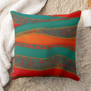 Coussin Tissu marocain exotique rouge orange bleu sarcelle