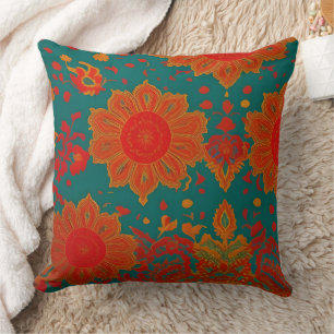 Coussin Tissu marocain exotique rouge orange sarcelle vert