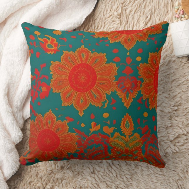 Coussin Tissu marocain exotique rouge orange sarcelle vert (Couverture)