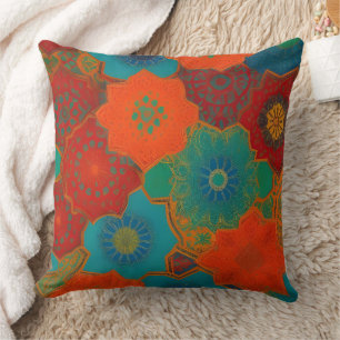 Coussin Tissu marocain exotique rouge orange sarcelle vert