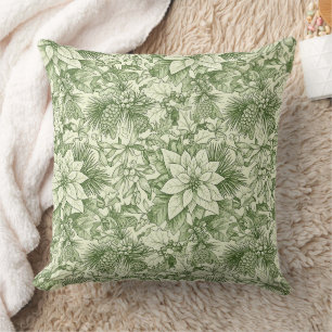 Coussin Tissu Toile de Jouy Vert Motif de Noël Poinsettia