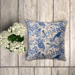 Coussin Toile Bleue de Jouy Fleurs et faisans