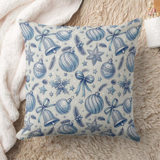 Coussin Toile Bleue Ornements de Noël sans couture (Couverture)