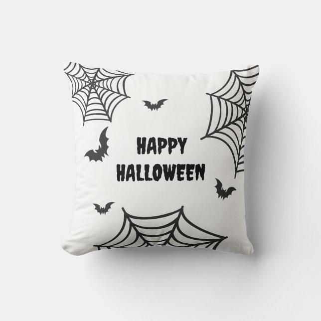 Coussin Toile d'araignée Bat noir et blanc Happy Halloween (Recto)