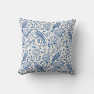Coussin Toile de Jouy bleue motif floral oiseau français