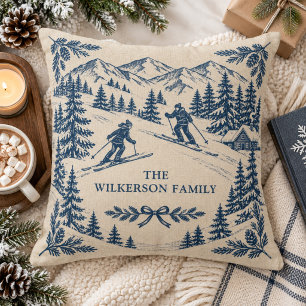 Coussin Toile de Jouy Bleue Vacances de Ski Montagne Vinta