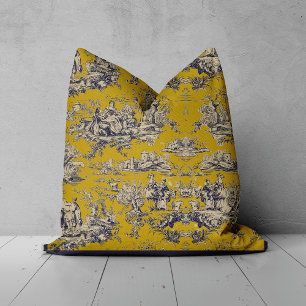 Coussin Toile de Jouy Florale Jaune Vintage Lac