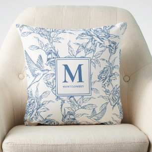 Coussin Toile de Jouy florale vintage bleue monogramme fra
