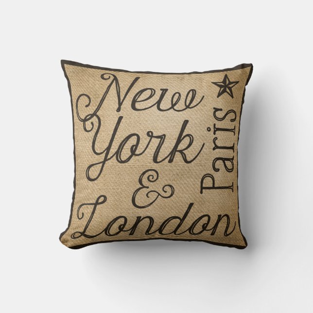 Coussin Toile de jute New York Paris Londres (Recto)