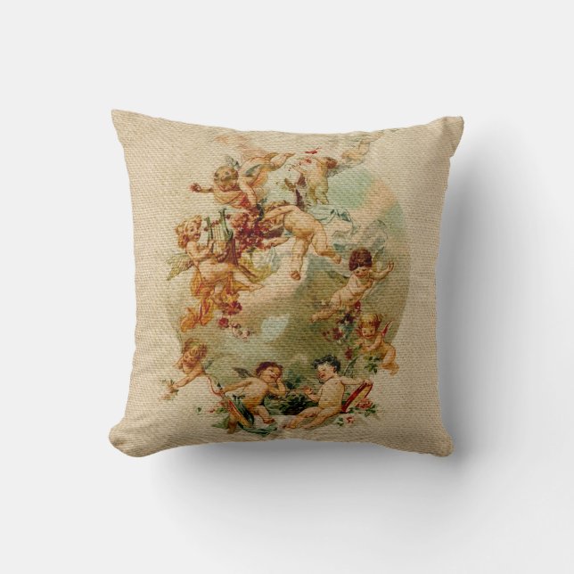 Coussin Toile de jute vintage de manuscrit d'anges (Recto)