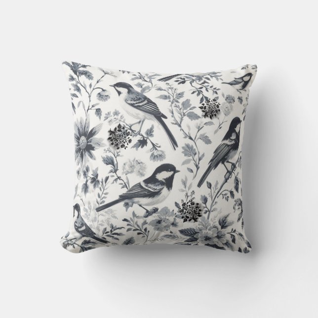 Coussin Toile d'oiseaux gris charbon (Recto)