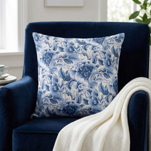 Coussin Toile française & toile de Jouy. Bleu.