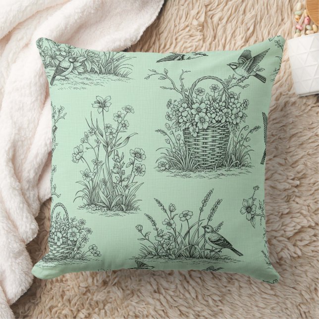 Coussin Toile pastorale vert menthe avec oiseaux et fleurs (Couverture)
