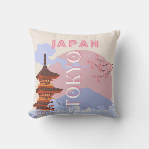Coussin Tokyo Japon Voyage Art, Art de voyage rétro, Rose