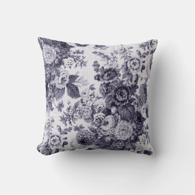 Coussin Ton pourpre bleu noir Toile floral de mûre blanche (Recto)