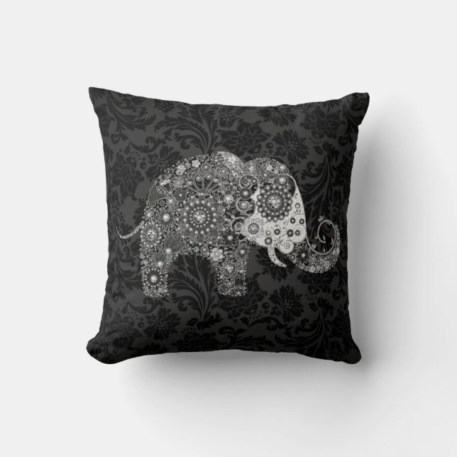 Coussin Tons noir et gris Retro Eléphant Floral (Recto)