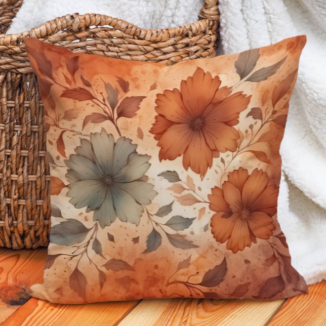 Coussin Tons Terre Chaude Fleurs Gris Terre Cuite  (Burnt orange floral decorator pillow)