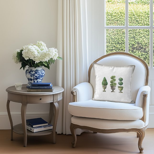 Coussin Topiary Tree in Stone Planters and Ticking Stripe (Topiary Tree Stone Planters Pillow)