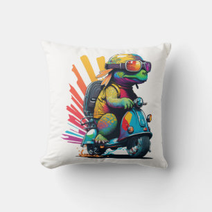Coussin Tortue Colorée Drôle Sur Un Scooter