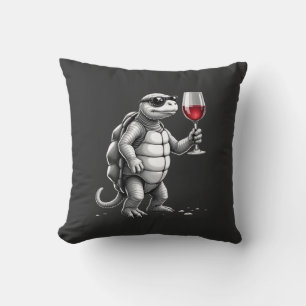 Coussin tortue cool buvant du vin rouge impression d'art_1