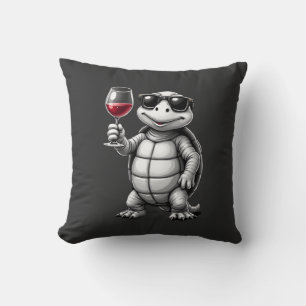 Coussin tortue cool buvant du vin rouge impression d'art_1