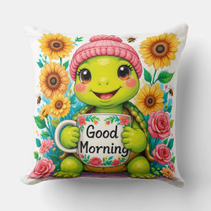Coussin Tortue de dessin animé joyeuse saluant bonjour