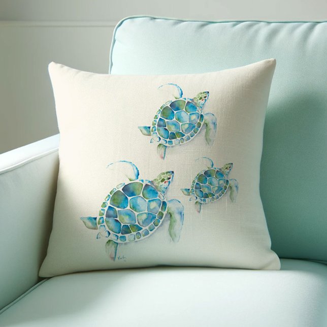 Coussin Tortue de mer bleu turquoise tropical à l'aquarell (Sea turtle throw pillows gift idea for her watercolor art by Victoria Grigaliunas Do Tell A Belle)
