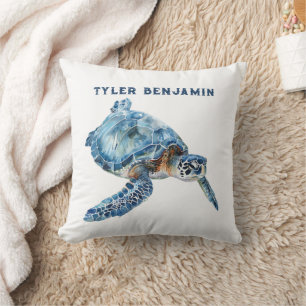 Coussin Tortue de mer bleue aquarelle fantaisiste