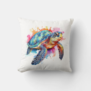 Coussin Tortue de mer en aquarelle colorée