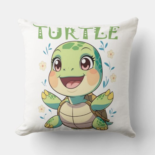Coussin Tortue de mer joyeuse avec des fleurs pastel (Recto)
