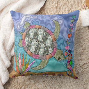 Coussin Tortue de mer psychédélique Baiser de hippocampe