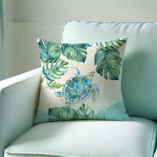 Coussin Tortue de mer unique sur feuilles de palmier Décor