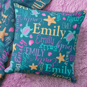 Coussin Tortue, étoile de mer et nom de coeur à motif