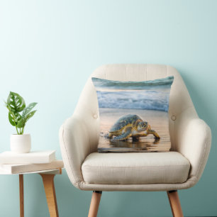 Coussin Tortue Marchant Sur Le Sable De Plage Humide