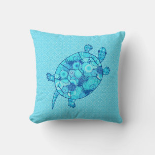 Coussin Tortue tourbée fractale - cobalt et bleu turquoise