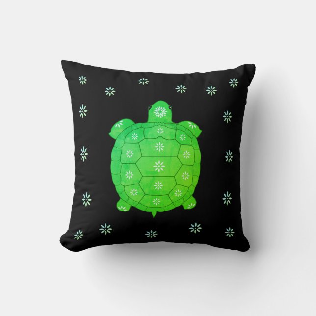 Coussin Tortue verte artistique moderne et fleurs sur fond (Recto)