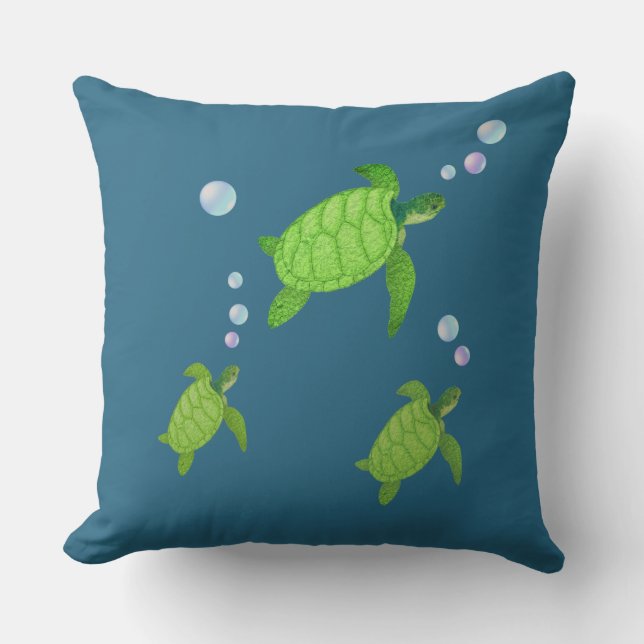 Coussin Tortues de mer vertes sur fond bleu (Recto)
