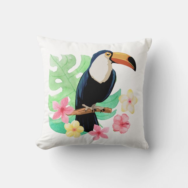 Coussin Toucan Avec Fleurs Tropicales (Recto)