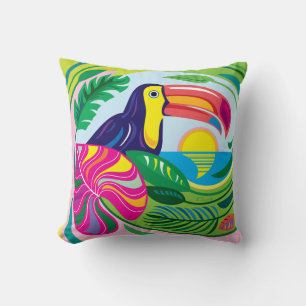 Coussin Toucan et feuilles tropicales