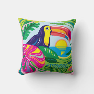 Coussin Toucan et feuilles tropicales