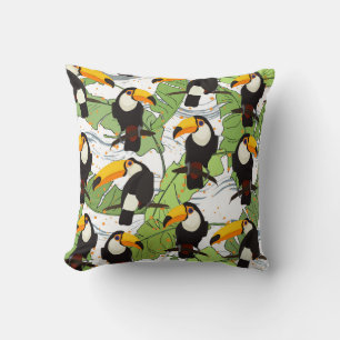 Coussin Toucan tropical, palmiers verts, motif vintage.