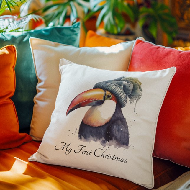 Coussin Toucan Winter Vibes, personnalisation (Créateur téléchargé)
