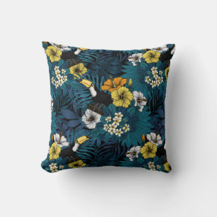 Coussin Toucans et flore tropicale, bleu, jaune, orange