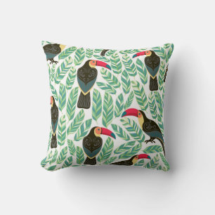 Coussin Toucans, feuilles tropicaux, motif décoratif.