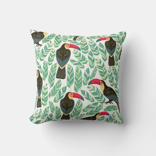 Coussin Toucans, feuilles tropicaux, motif décoratif. (Recto)
