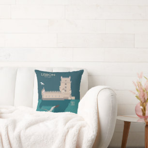 Coussin Tour de Belem de Lisbonne dans le style poster vin
