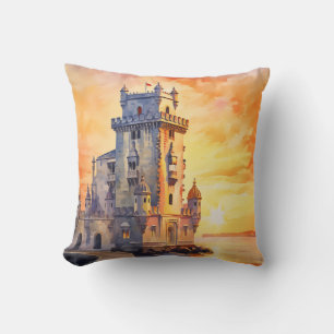 Coussin Tour de Belém Portugal Aquarelle Coucher de soleil
