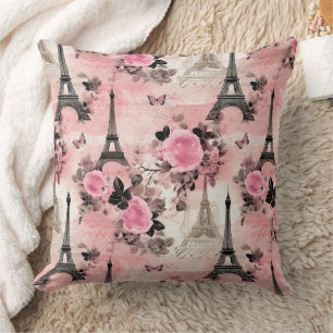 Coussin Tour Eiffel Chic Rose Noir & Blanc Paris Français