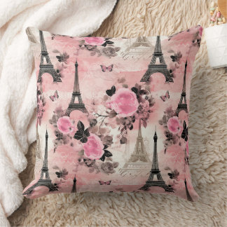 Coussin Tour Eiffel Chic Rose Noir & Blanc Paris Français